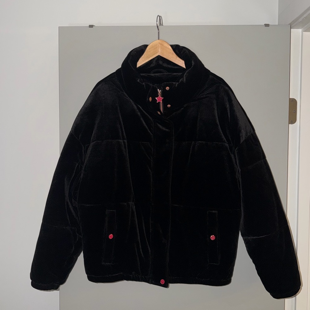 Black Puffer Jacket with Red Accents